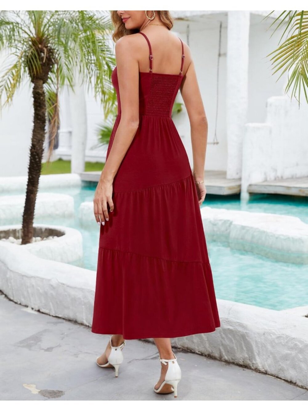 Women's Wine Red Beach Sundress V Neck Spaghetti Long Strap Pockets Maxi Dress - Picture 3 of 6